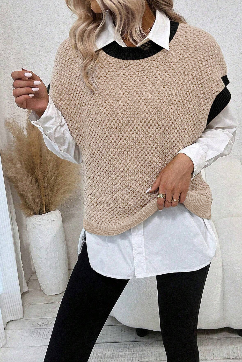 Light French Beige Contrast Trim Round Neck Batwing Sleeve Sweater Top