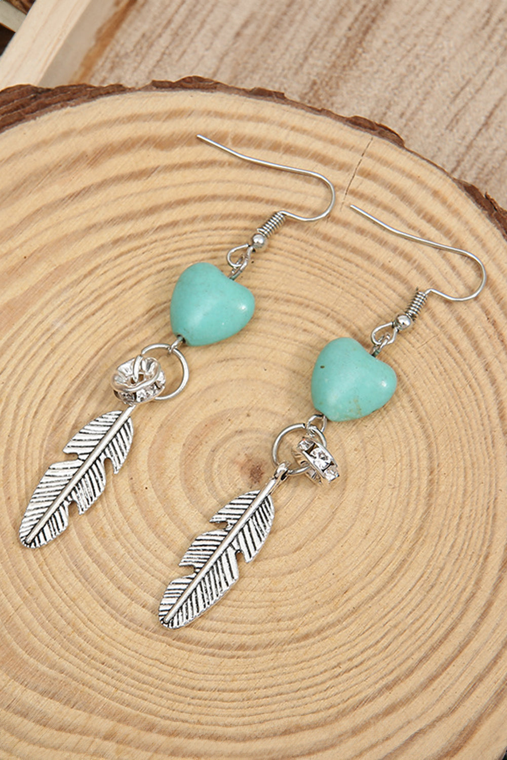 Silvery Turquoise Heart Shape Alloy Feather Drop Earrings