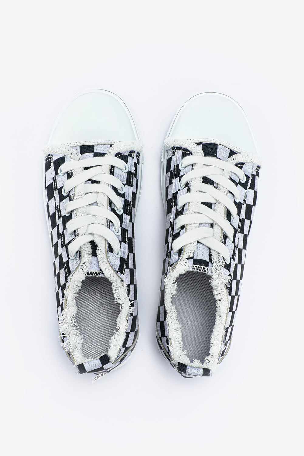 Black Checkered Print Raw Edge Lace-up Canvas Shoes