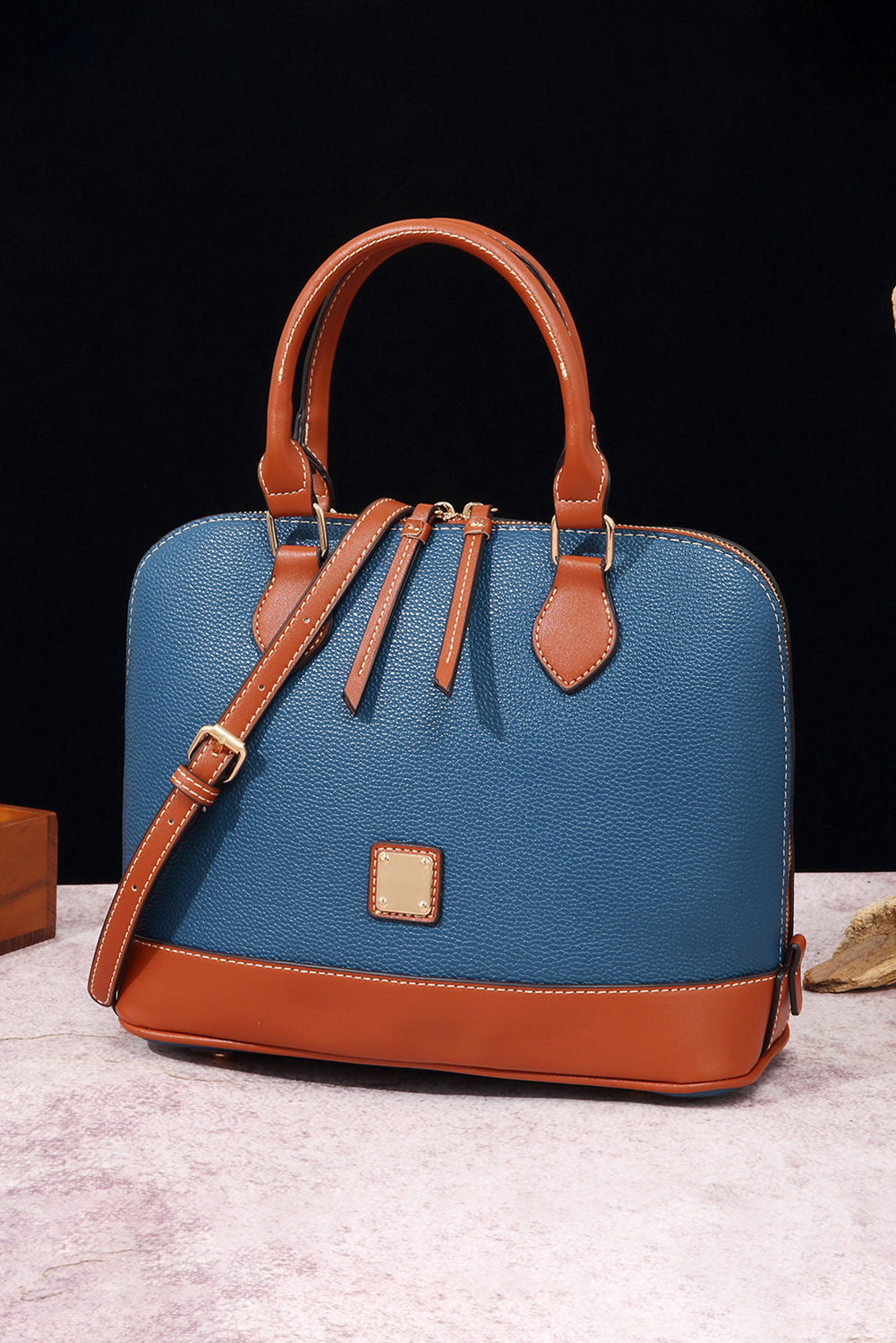 Ashleigh Blue Color Contrast PU Leather Zipper Tote Bag