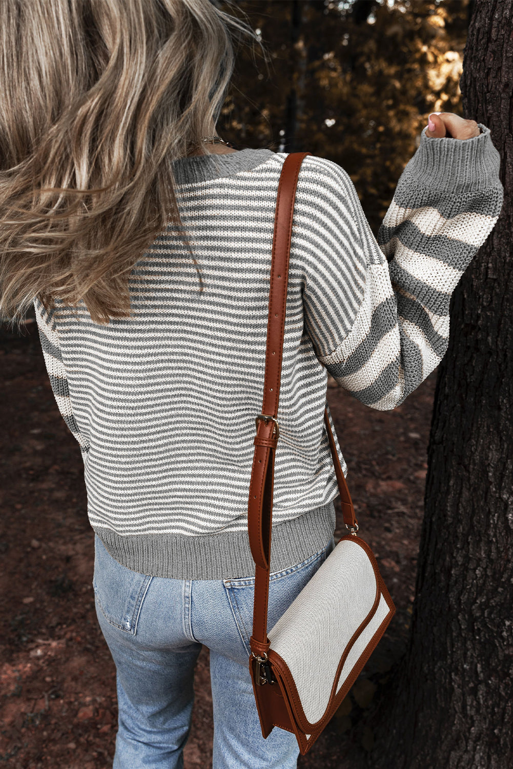 Gray Stripe Geometric Textured Drop Shoulder Sweater