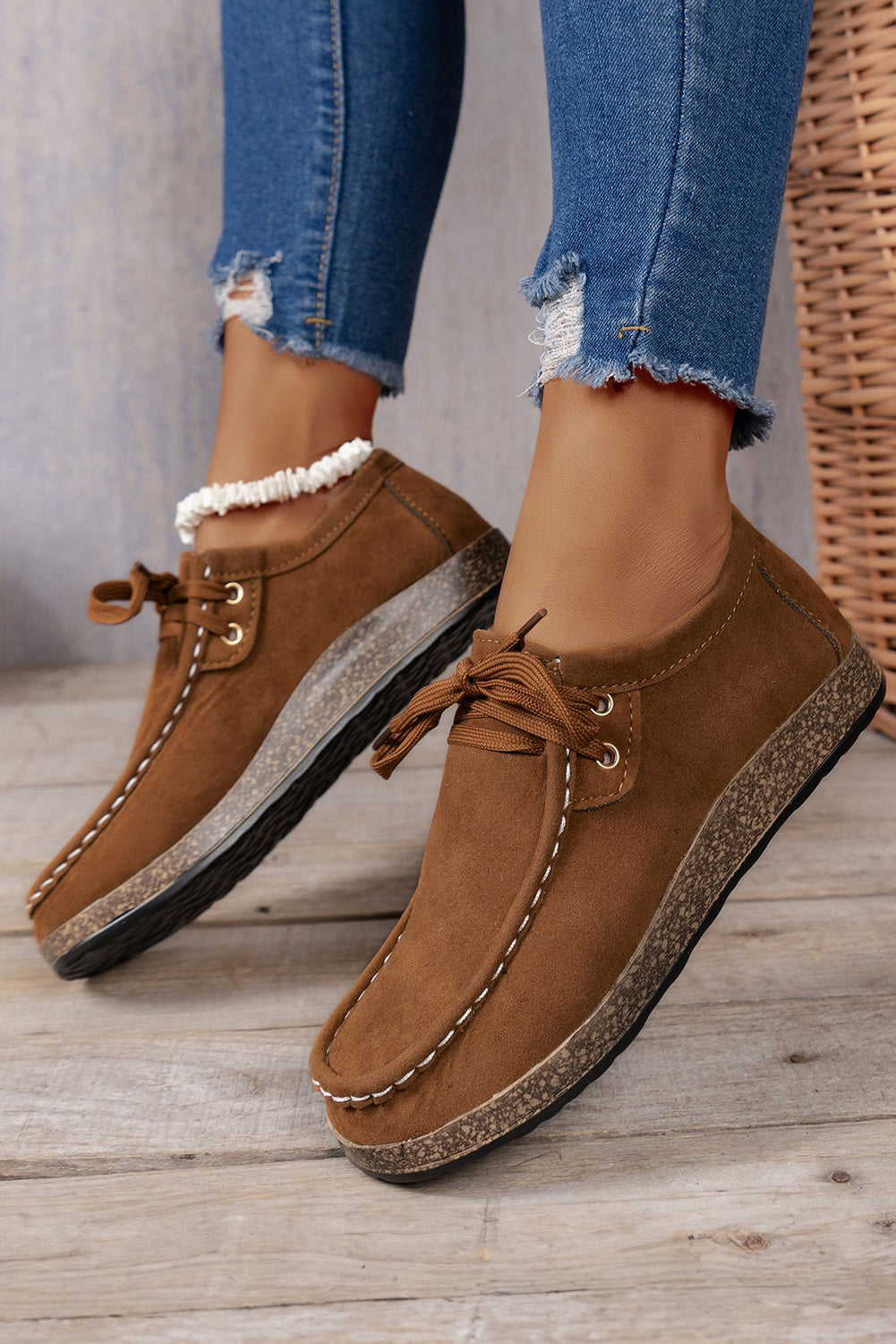 Coffee Thick Sole Lace-up Casual Shoes