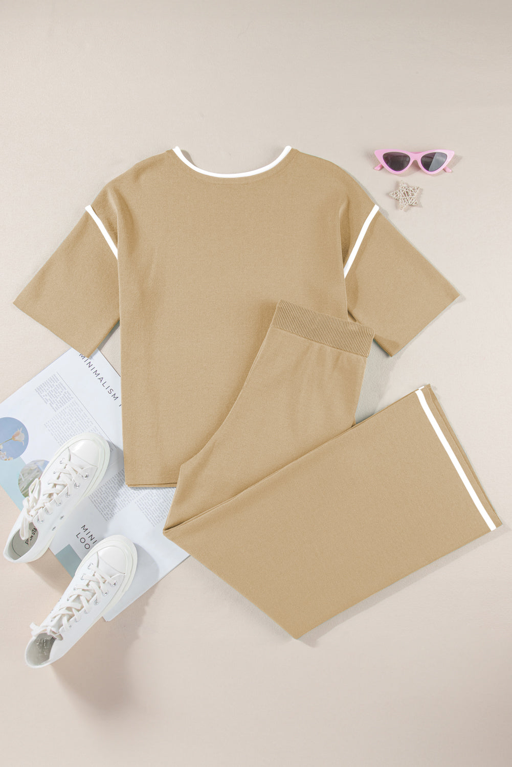 Camel Contrast Trim Half Sleeve Top Drawstring Pants Loose 2pcs Sweater Suit