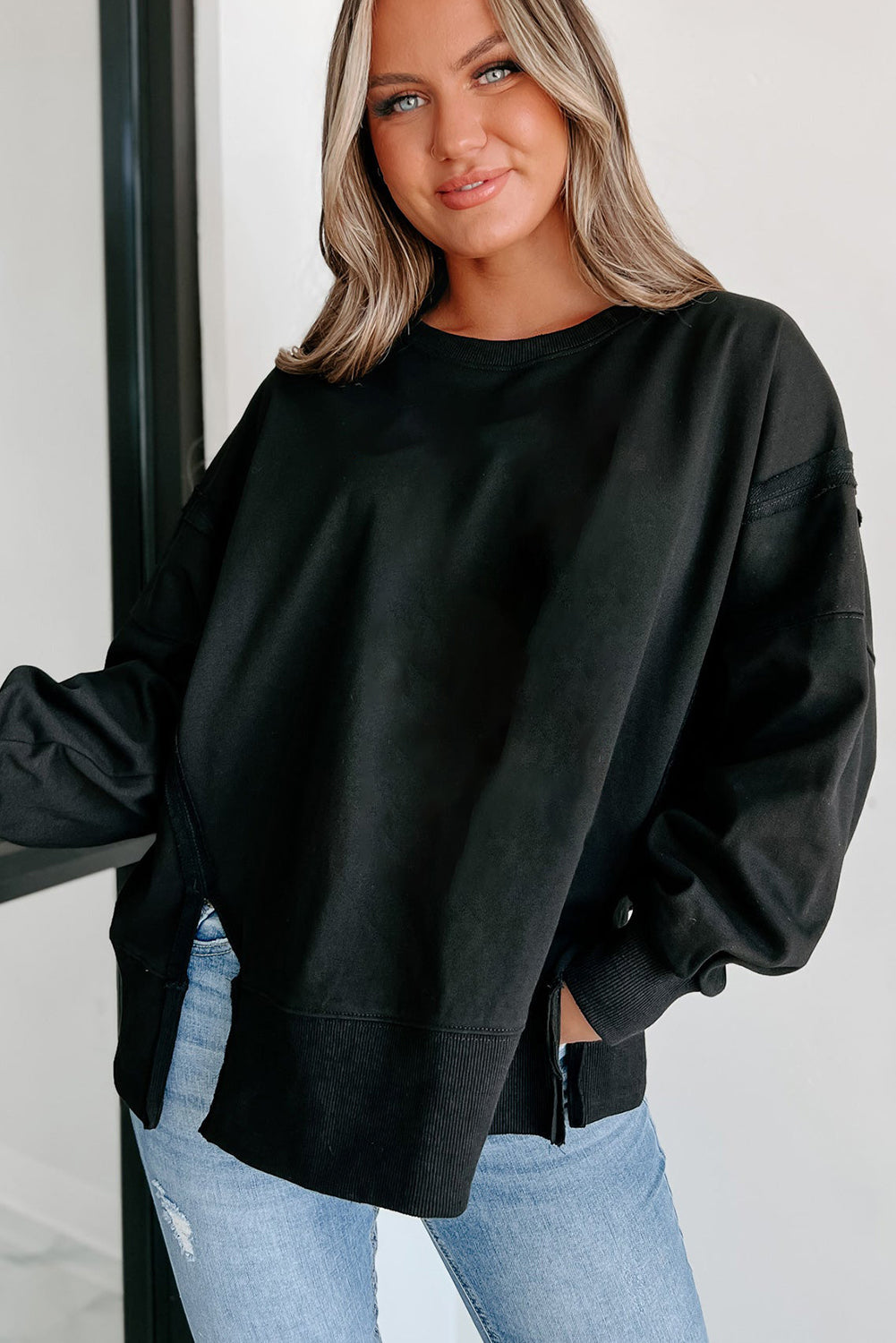 Black Exposed Seam Drop Shoulder Round Neck Sweatshirt with Slits