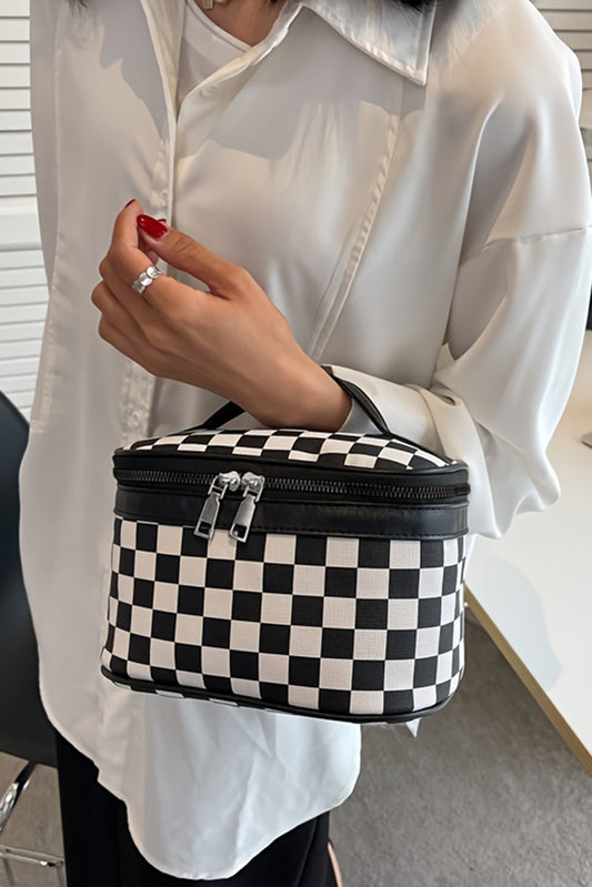 Black Checkered Zipper Large Cosmetic Bag with Handle