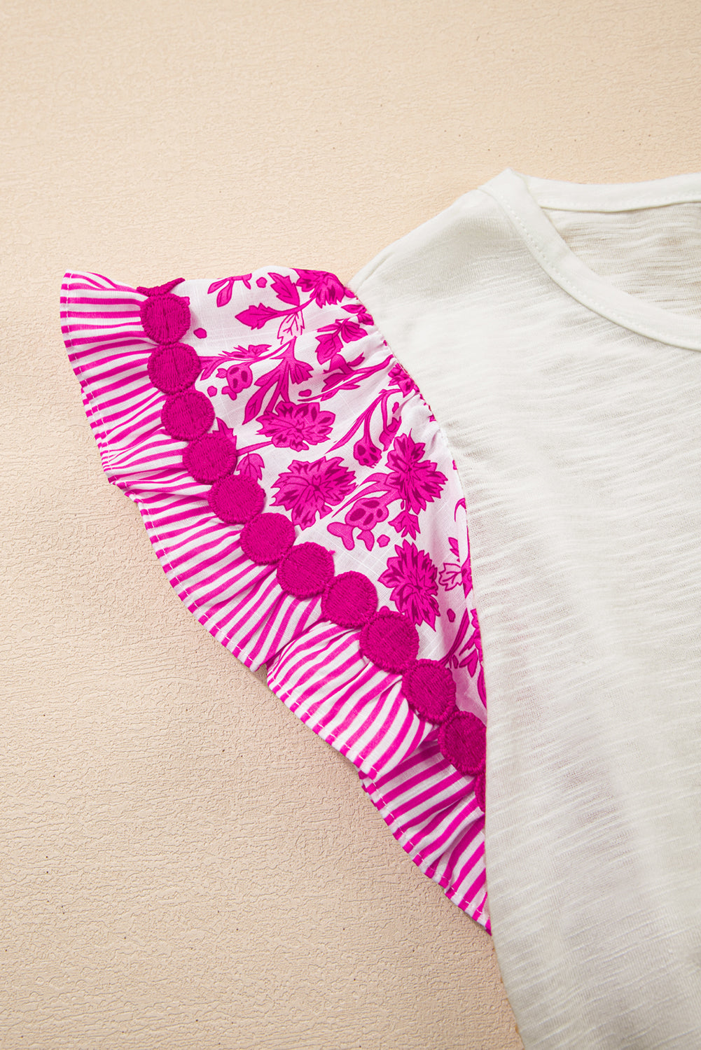 Rose Ricrac Trim Printed Flutter Sleeve Contrast Patchwork Blouse