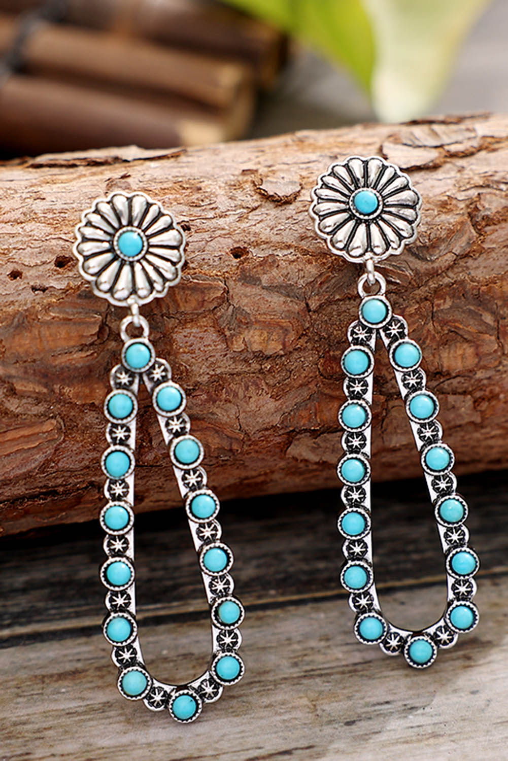 Silver Flower Turquoise Western Fashion Earrings