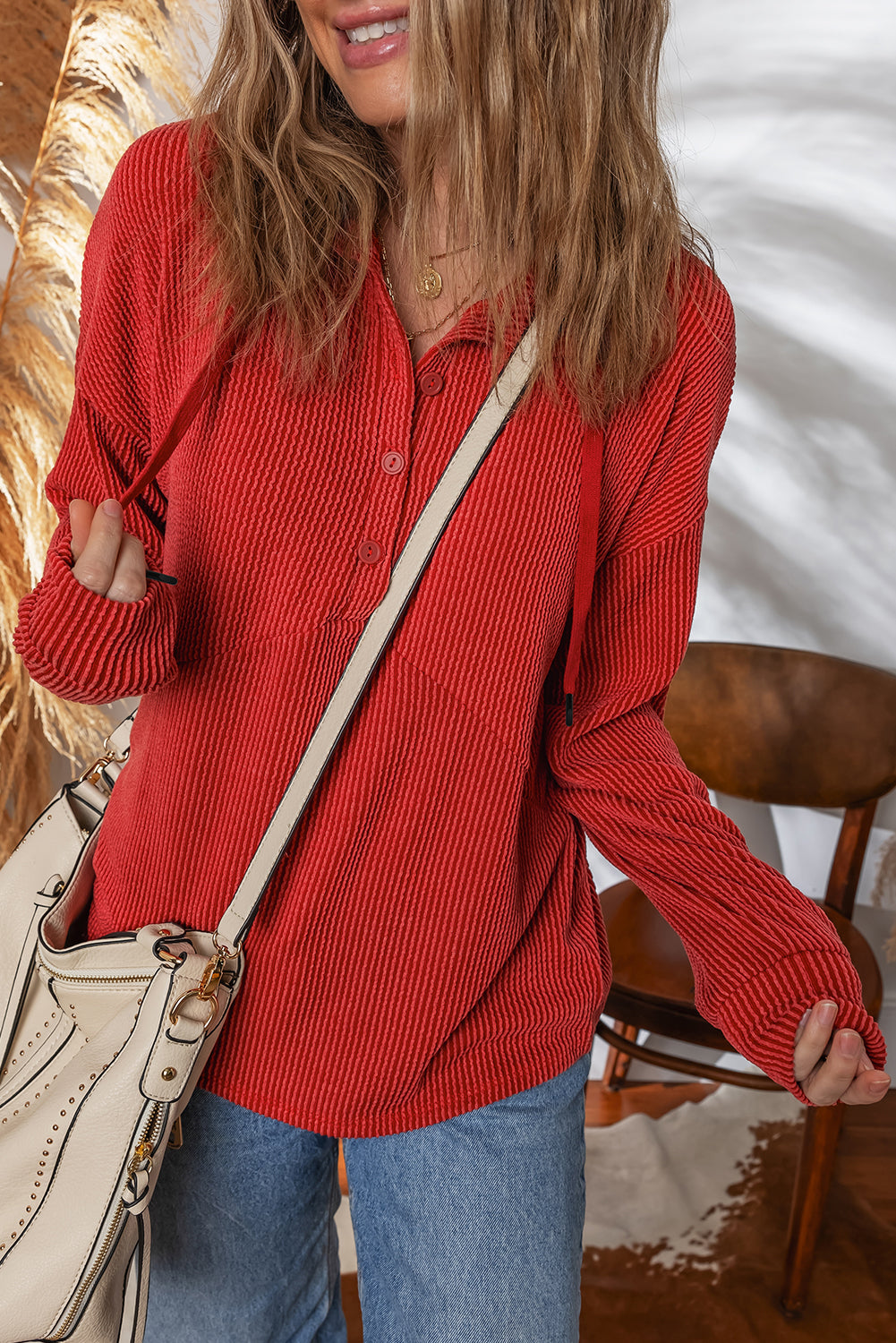 Racing Red Twist Ribbed Half Button Collared Drawstring Pullover Top
