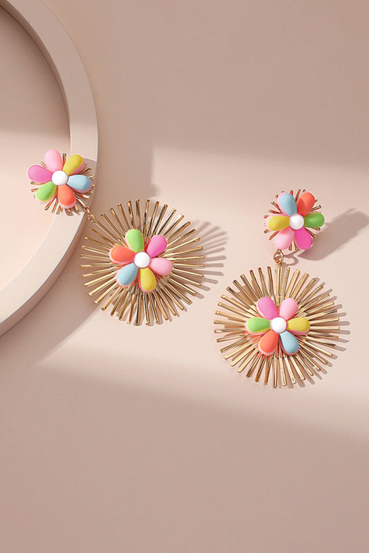 Red Colorful Flower Gold-pleated Dangle Earrings