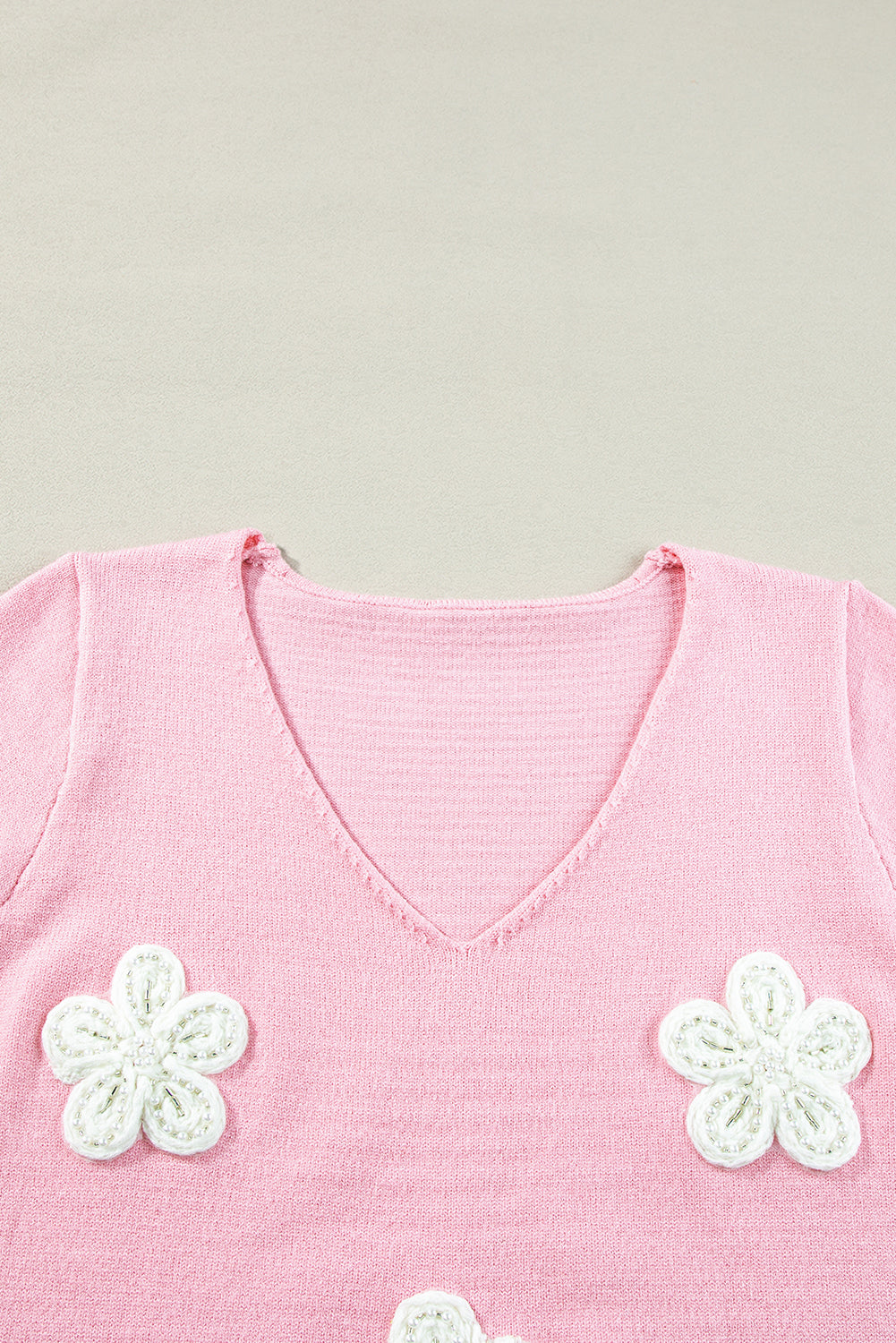 Pink Flower Crochet V Neck Short Sleeve Sweater