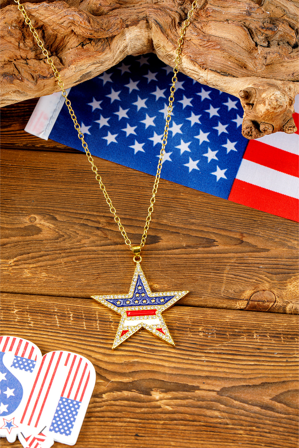 Gold Rhinestone American Flag Star Necklace