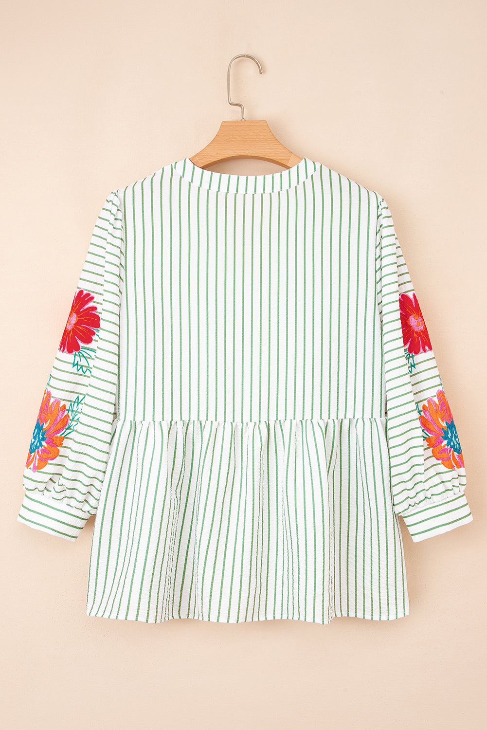 Green Stripe Flower Puff Sleeve Notched V Neck Babydoll Blouse