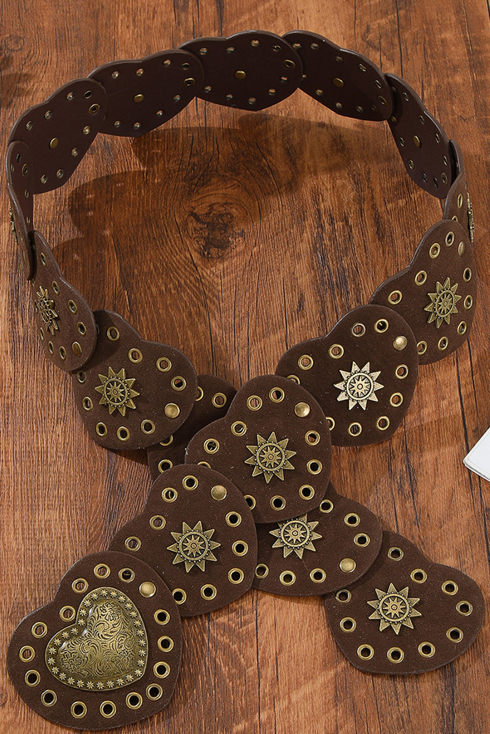 Coffee Bohemian Vintage Bronze Detail Heart Connected PU Belt
