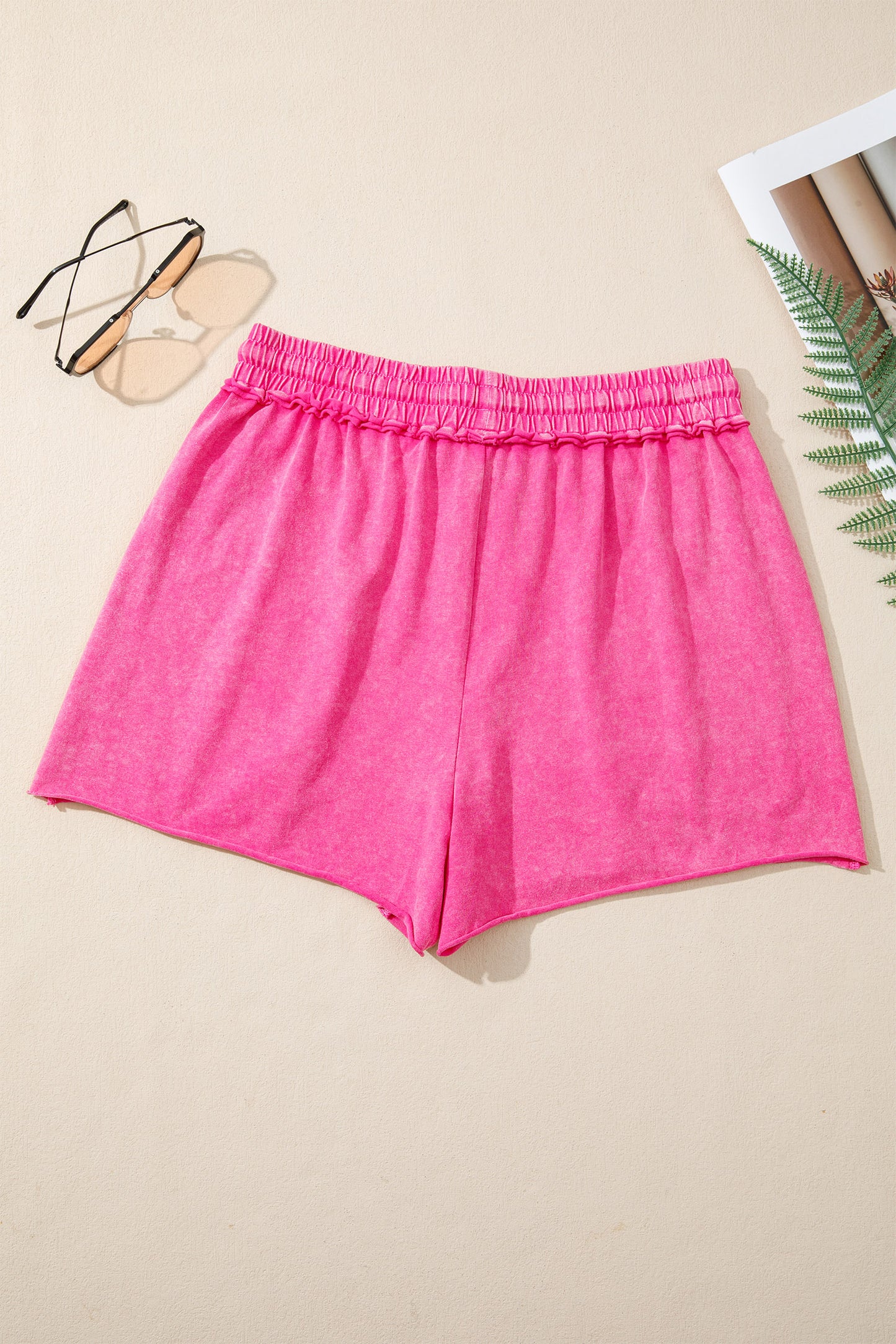 Rose Red Mineral Washed Drawstring Elastic Waist Raw Cut Shorts