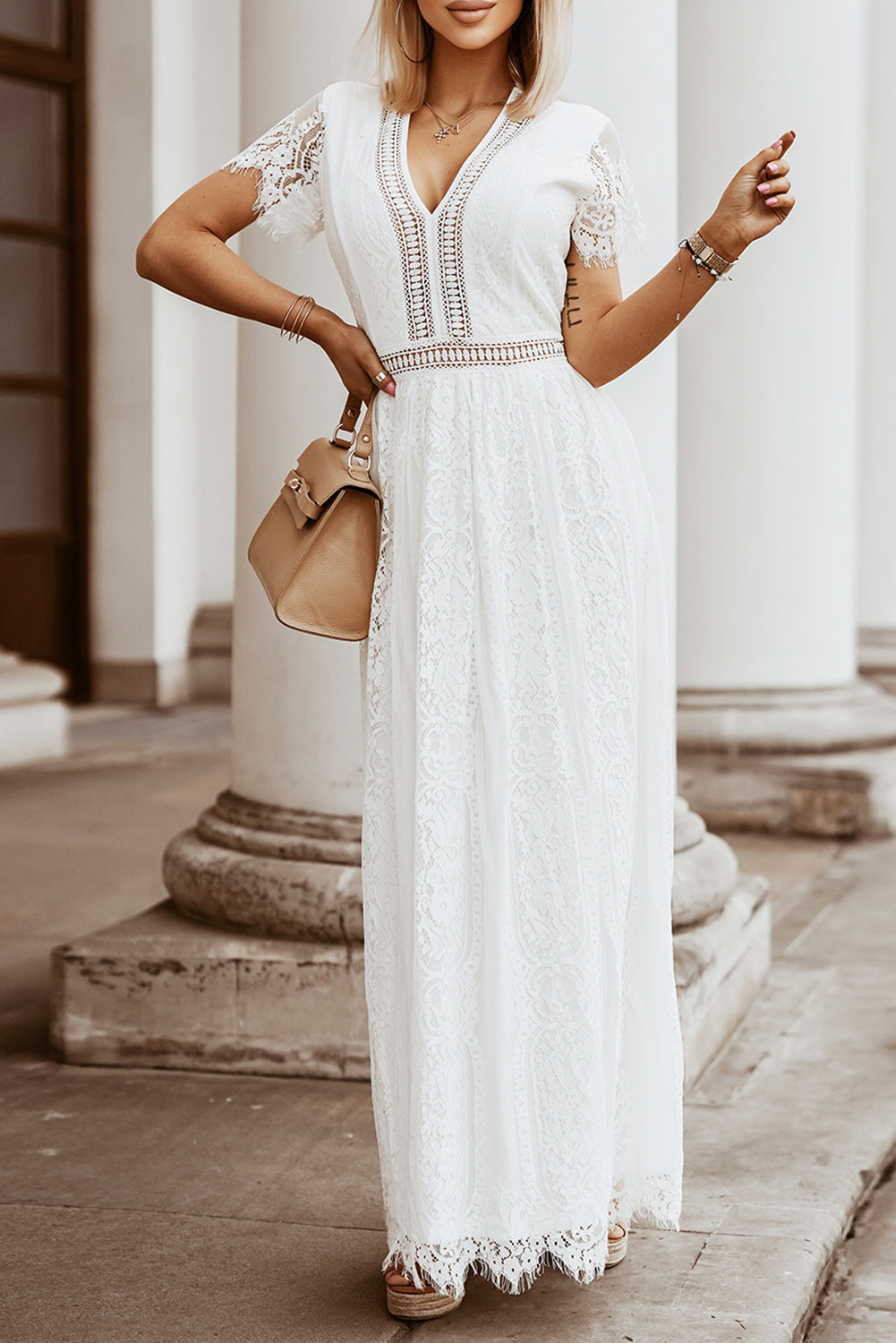 White V Neck High Waist Lace Maxi Dress