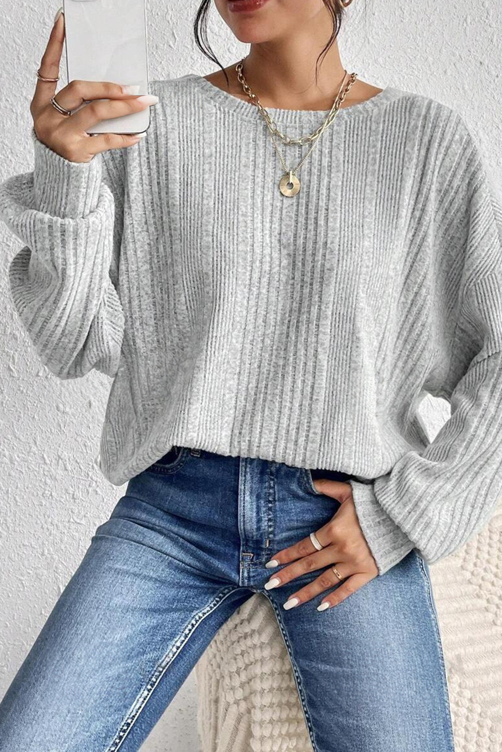 Light Grey Textured Crossover Backless Knit Long Sleeve Top