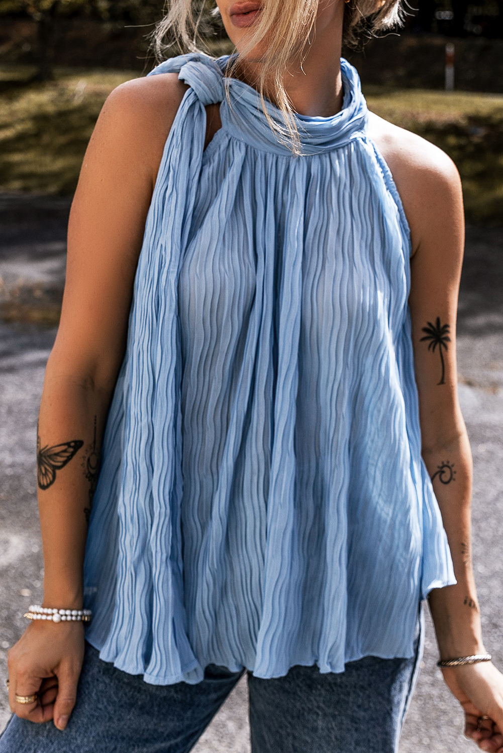 Myosotis Textured Pleated Tied Mock Neck  Flowy Tank Top