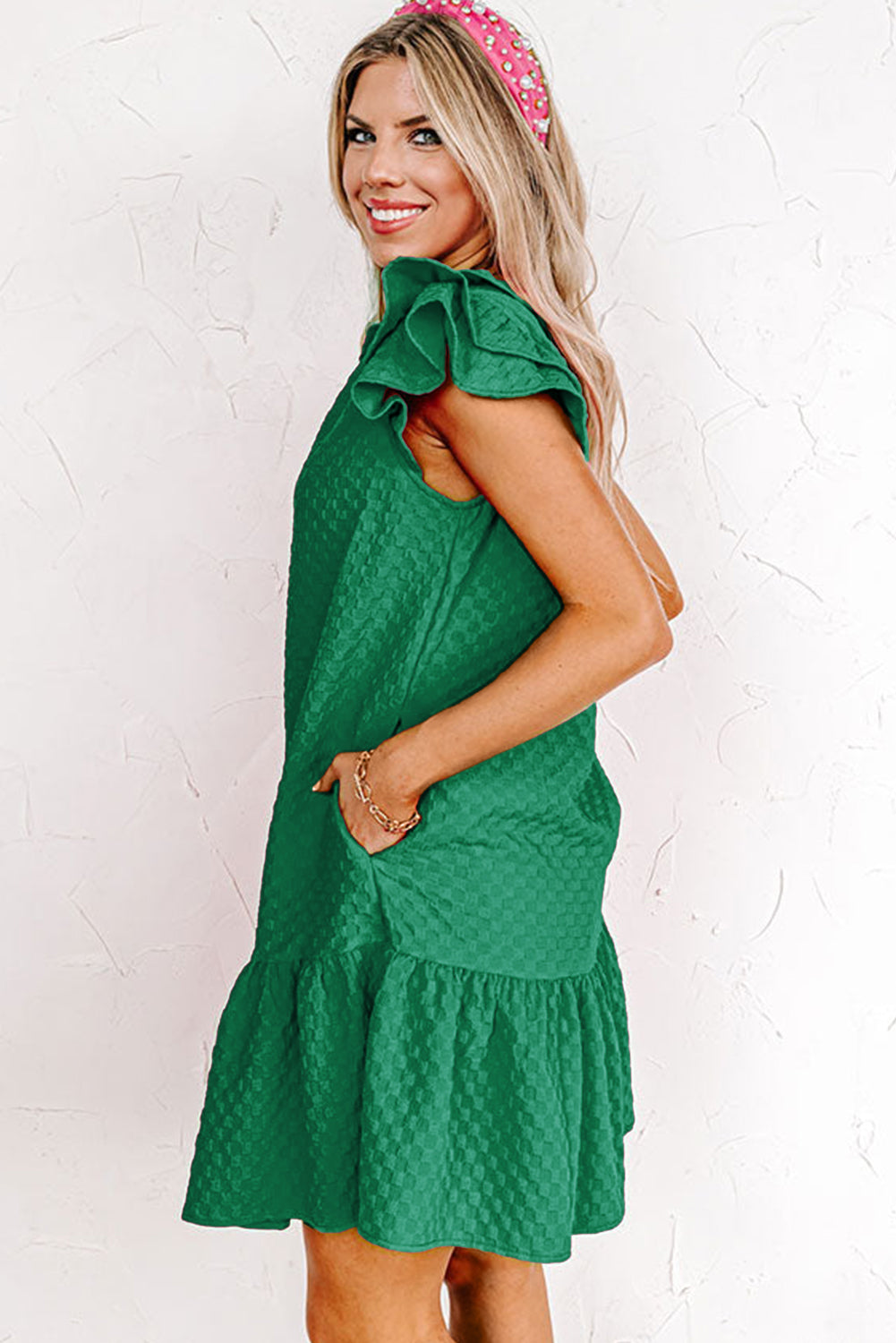 Blackish Green Flutter Sleeve Ruffled Textured Shift Dress