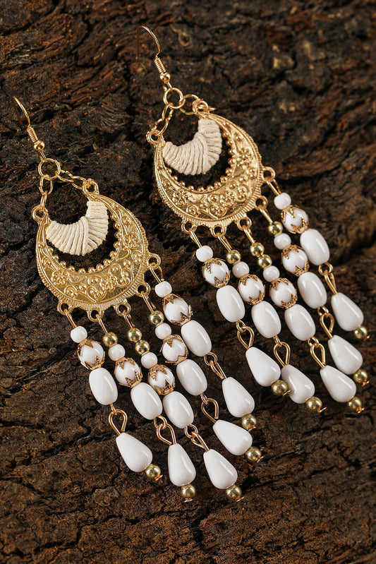 White Boho Beaded Tassel Alloy Charm Earrings