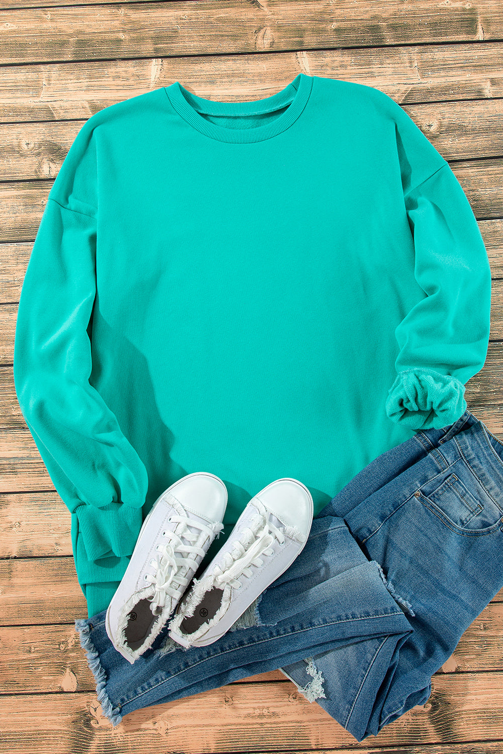 Sea Green Solid Fleece Lined Drop Shoulder High Low Sweatshirt