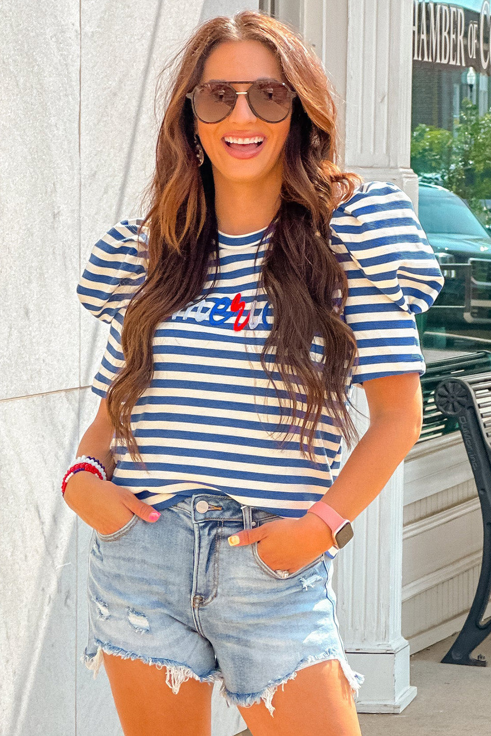 Blue Stripe America Cursive Graphic Puff Sleeve T-shirt