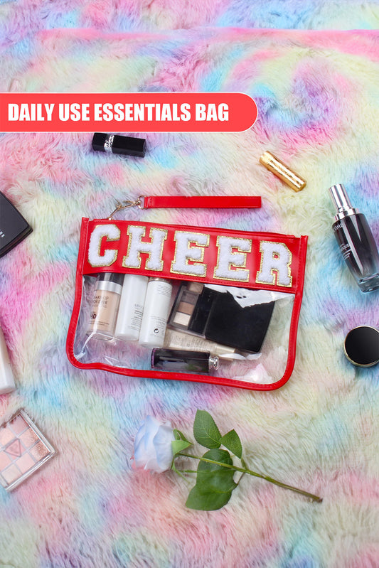 Fiery Red CHEER Chenille Letter PU Leather Patchwork Clear Makeup Bag