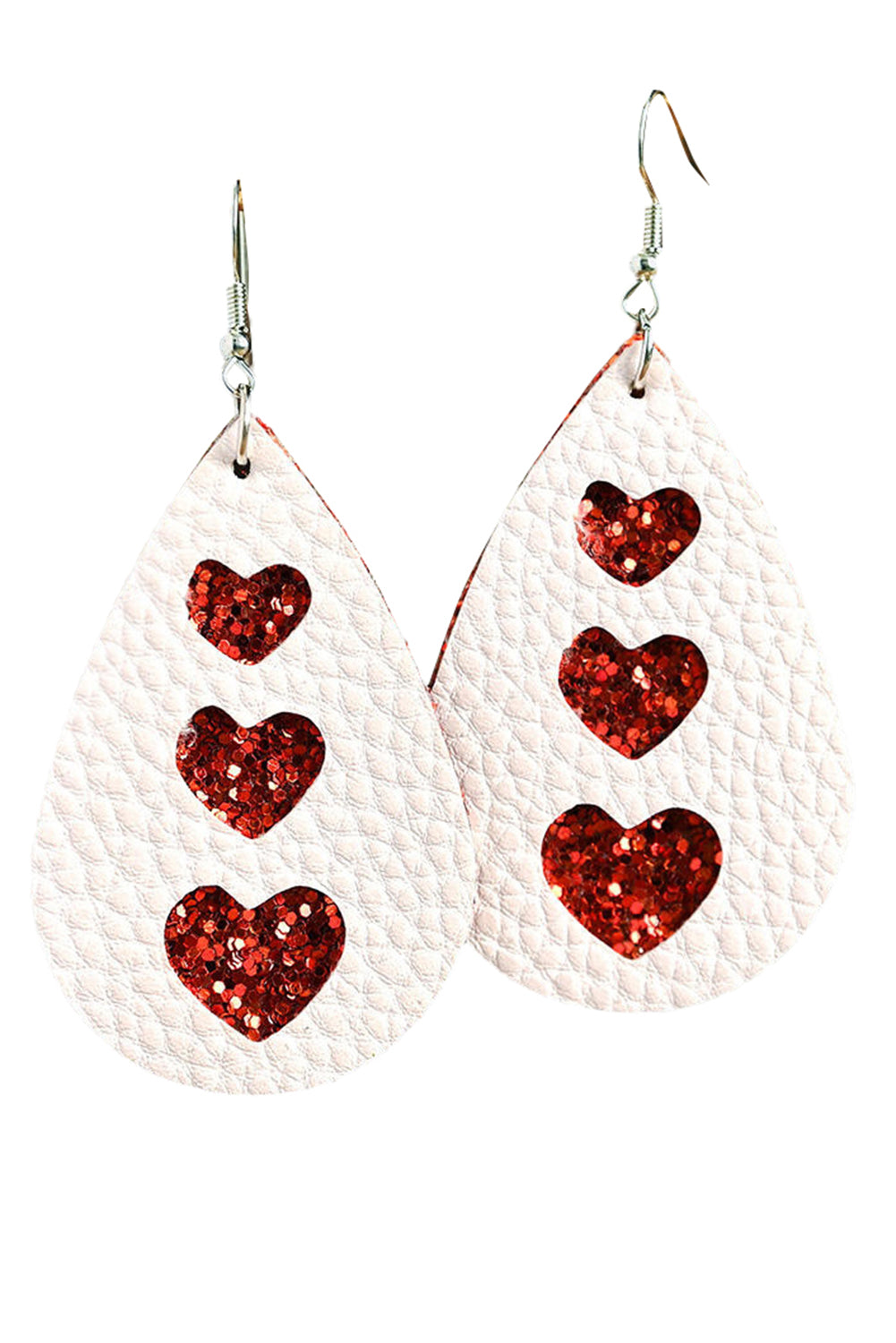 White  Valentines Heart Print Pu Leather Teardrop Dangle Earrings