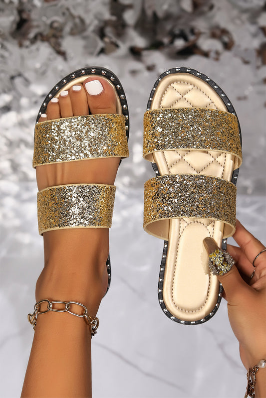 Gold Glittering Hollow Out Dual Straps Flat Slippers