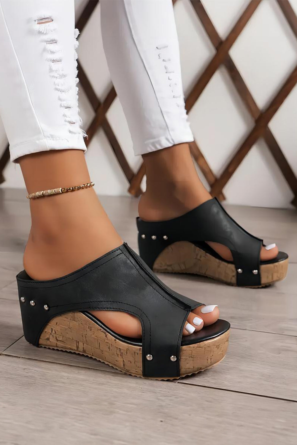 Leather wedge slippers best sale