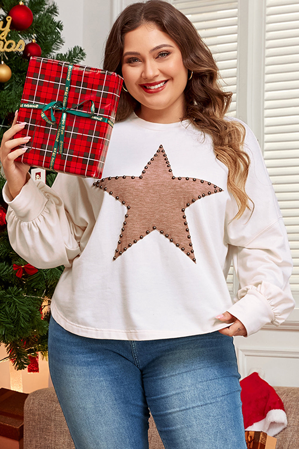 Beige Star Shape Studded Crew Neck Plus Size Long Sleeve Top