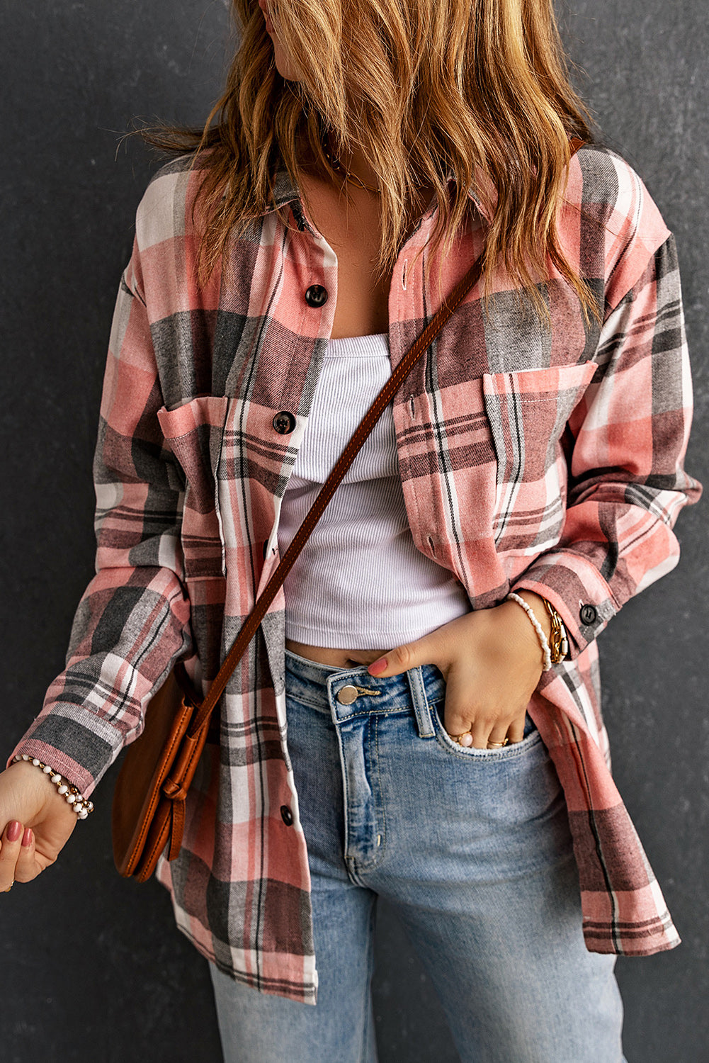 Pink Plaid Button Up Patch Pocket Shirt