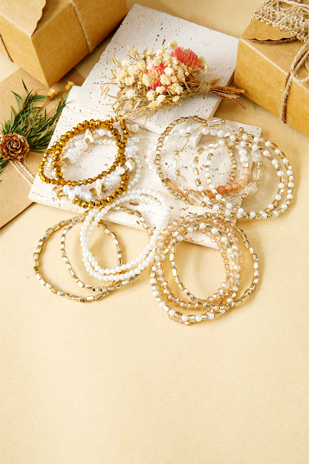 Gold 17pcs Baroque Style Pearl Crystal Beads Multi Layer Bracelet Set