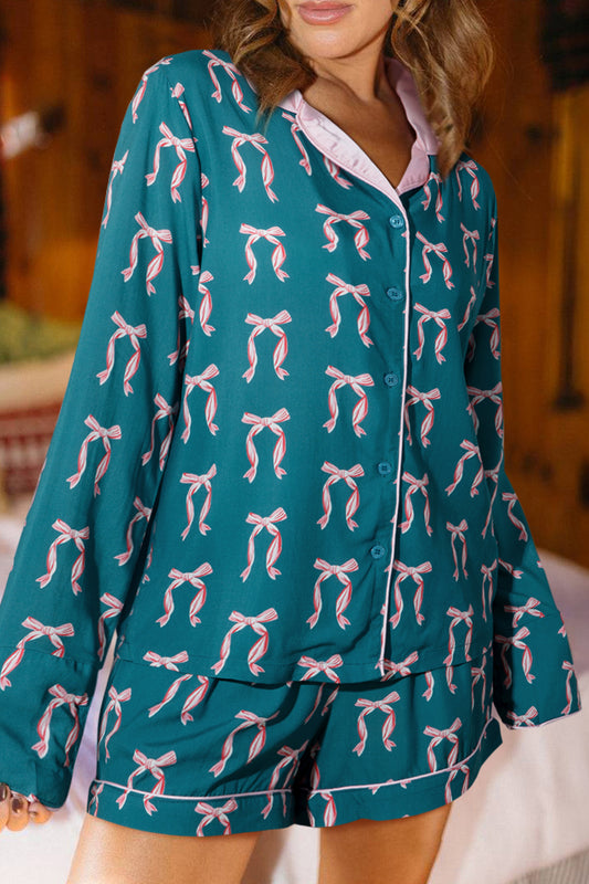 Green Ribbon Bow Print Silky Long Sleeve Shirt and Shorts 2pcs Pajama Set