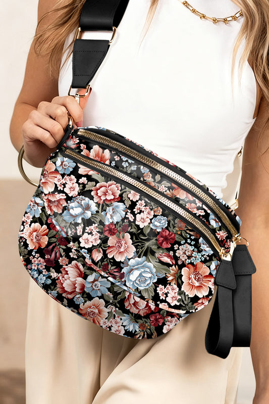 Color black Floral Printed Double Zip PU Leather Crossbody Bag