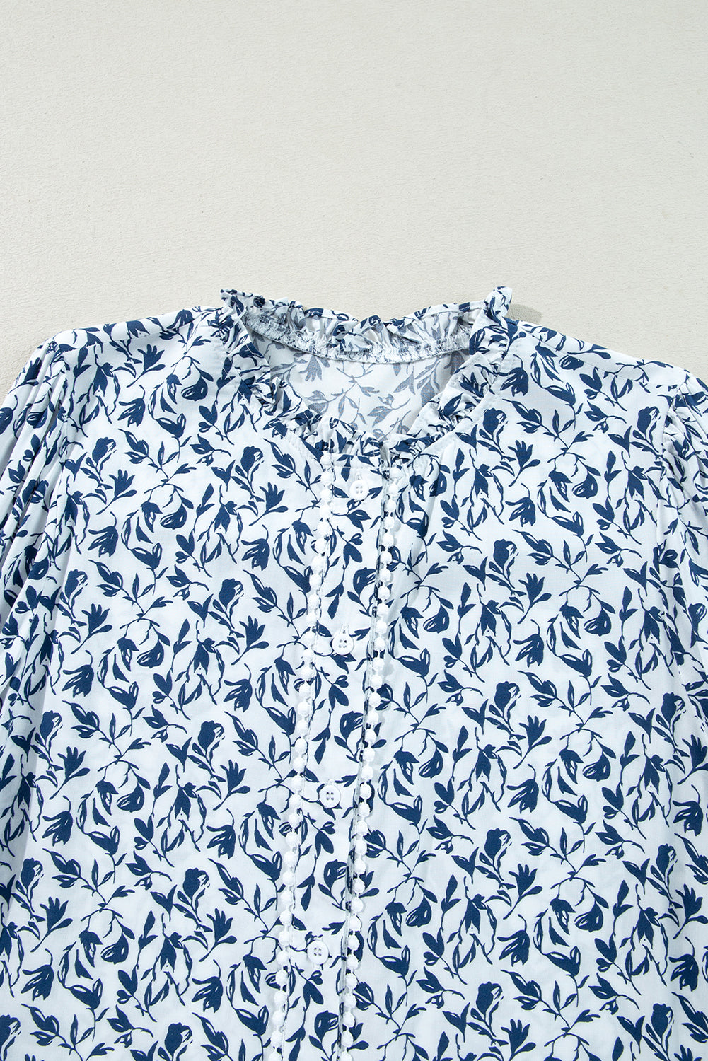 Blue Printed Lace Detail Floral Puff Sleeve Fall Shirt
