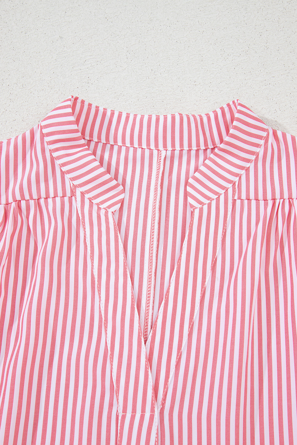 Pink Stripe Notched Neck Frilled Short Puff Sleeve Blouse
