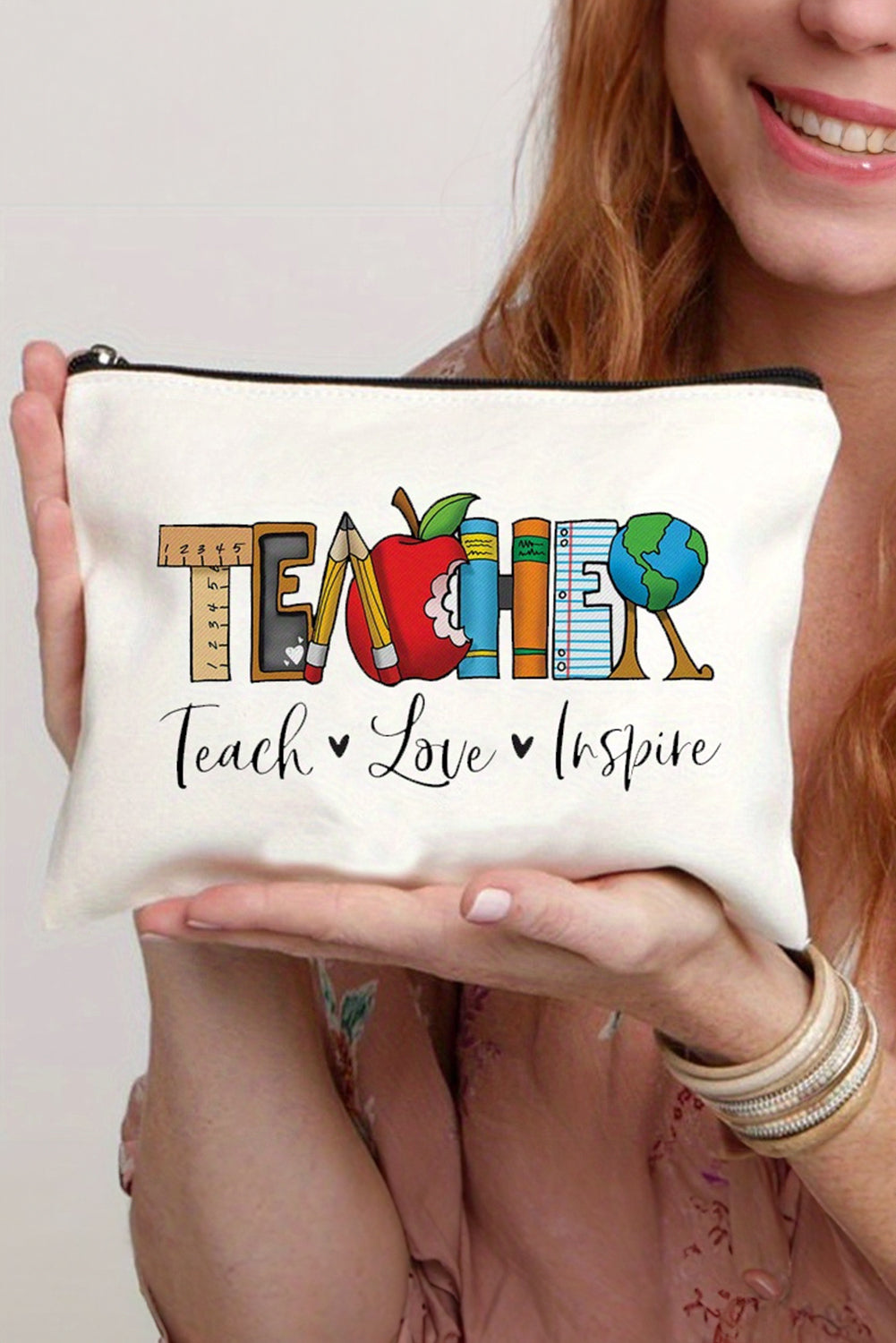 White TEACHER Graphic Print Zipper Cosmetic Bag