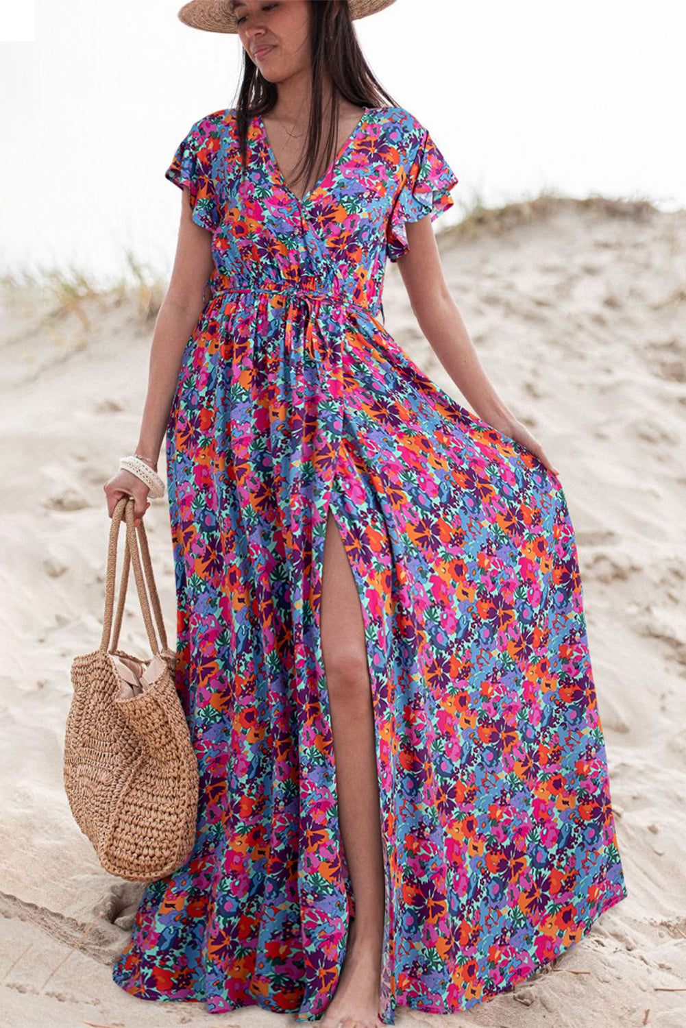 Blue Floral Print V Neck Wrap Split Maxi Dress