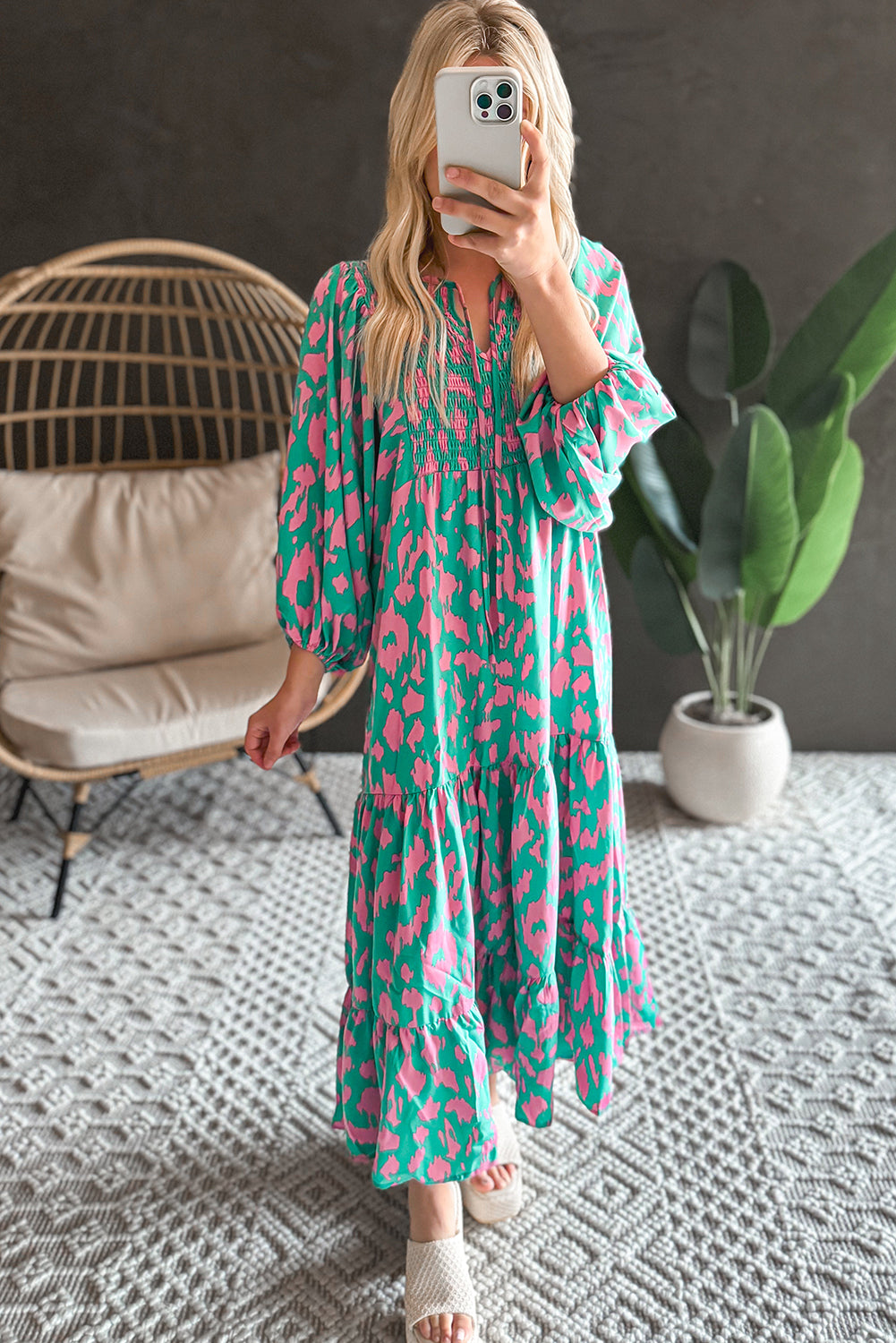 Green Abstract Print Puff Sleeve Tied Notched Neck Long Dress