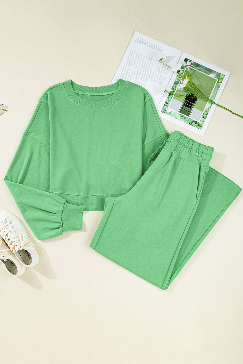Bright Green Drop Shoulder Puff Sleeve Crop Pullover Drawstring Wide Leg Pants Set