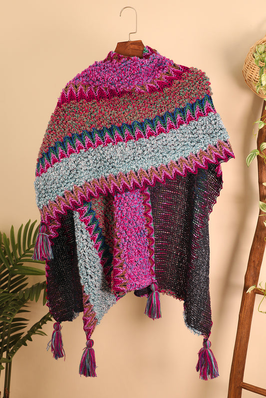 Rose Red Ethnic Knit Shawl Wrap Cape Sweater Thickened Tassel Poncho Cloak