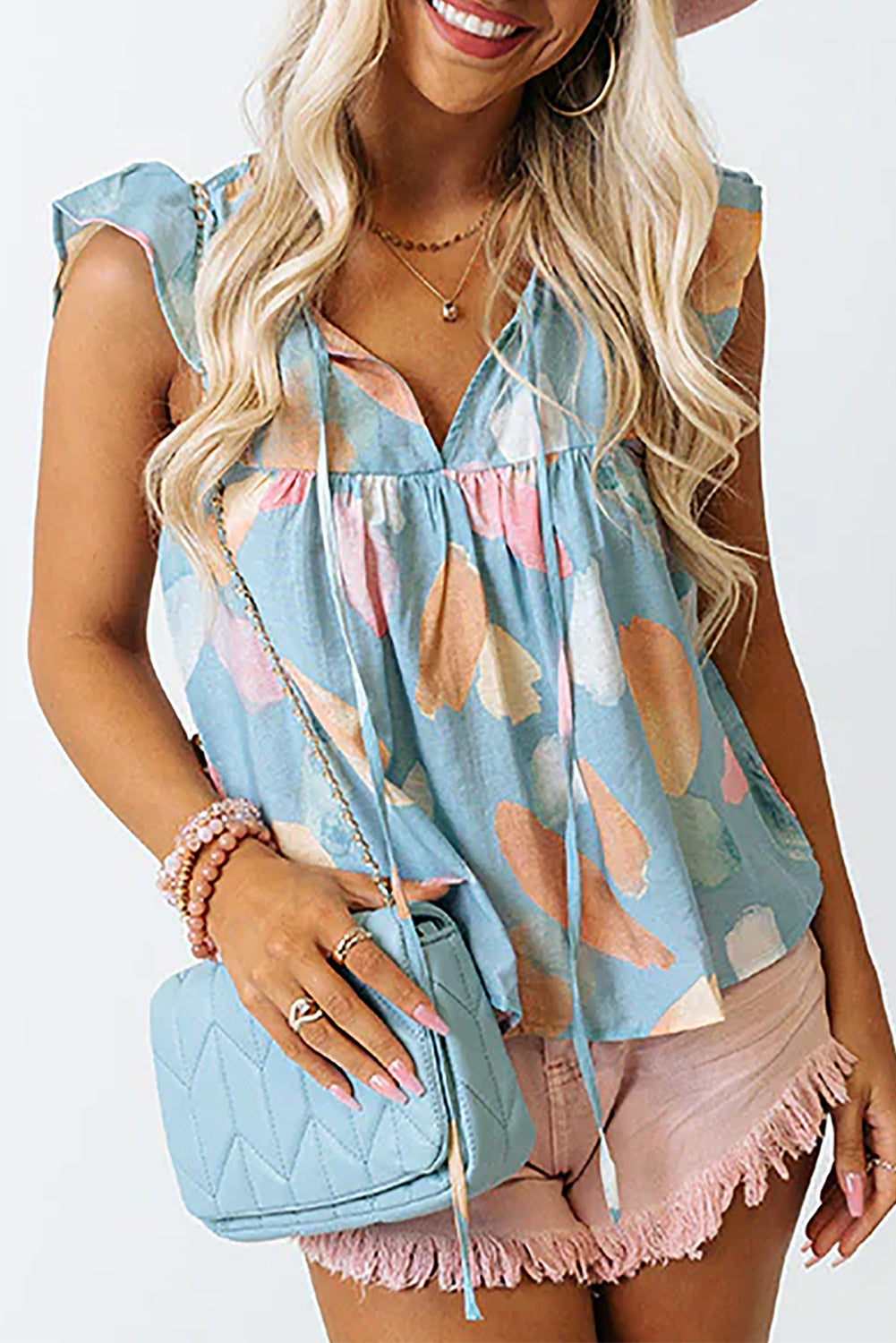 Sky Blue Splotches Pattern Ruffled Cap Sleeve Shift Top