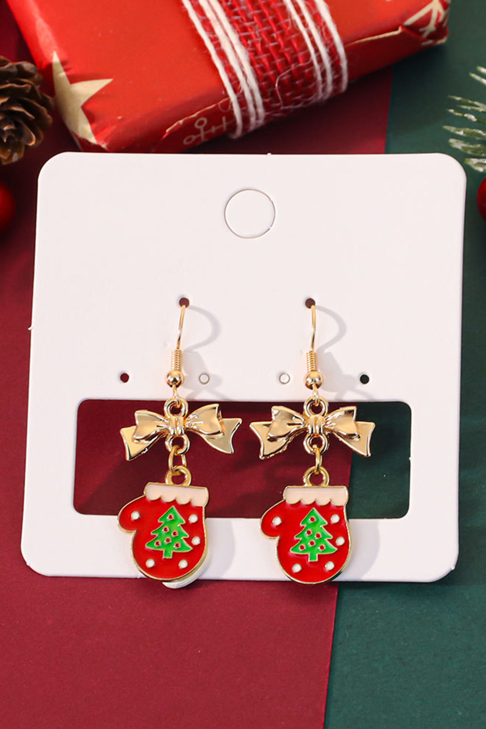 Gold Plated Bow Christmas Gloves Hook Dangle Earrings