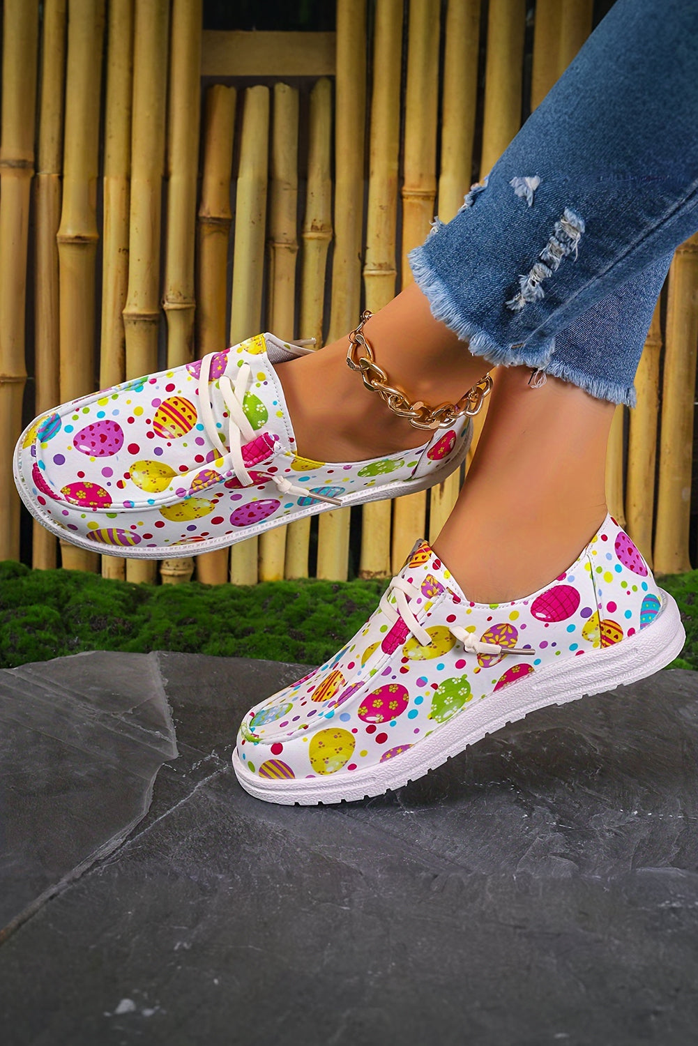 Easter Eggs Printed Square Toe Slip On Canvas Flats