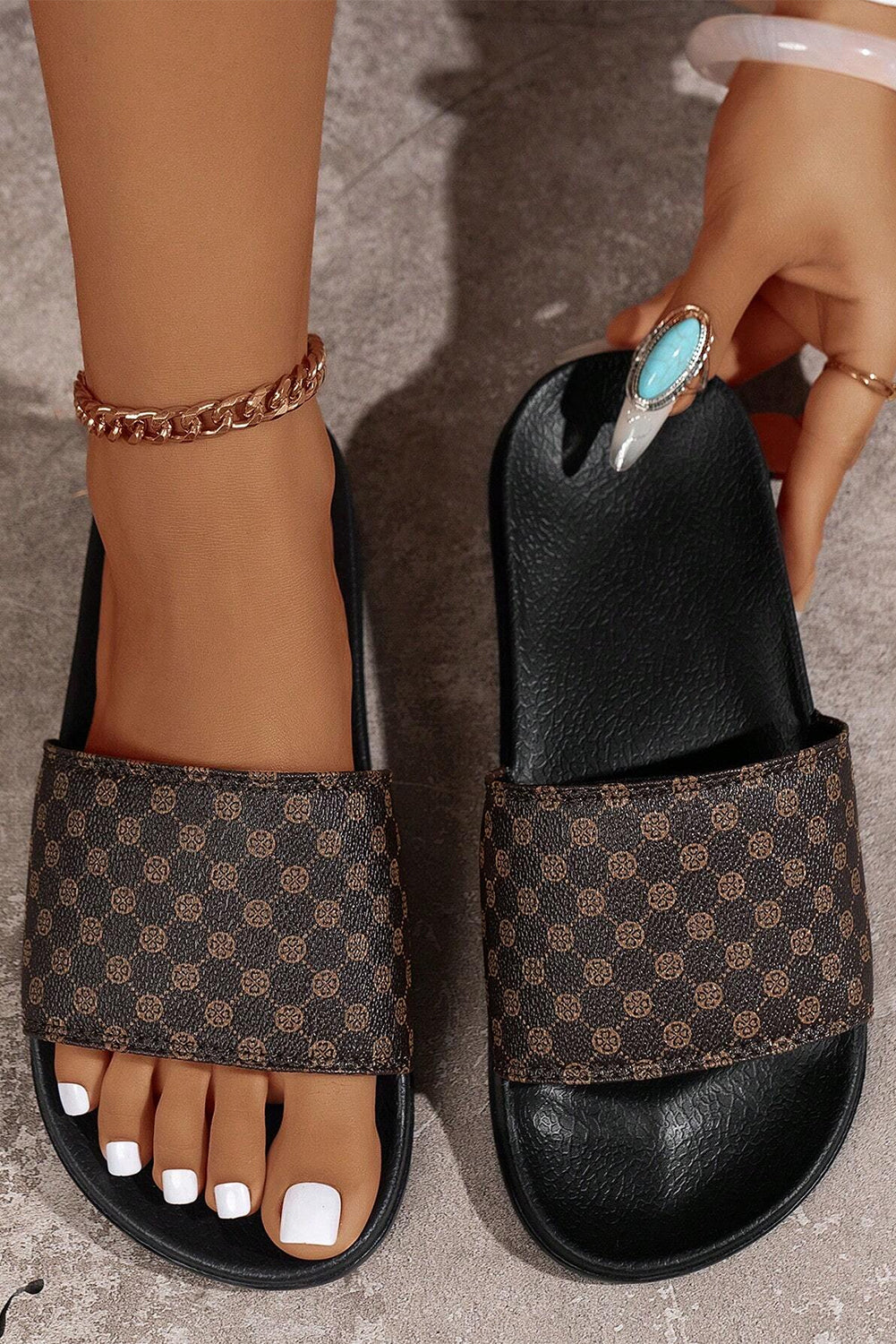 Coffee Checkered Print PU Leather Thick Sole Slippers