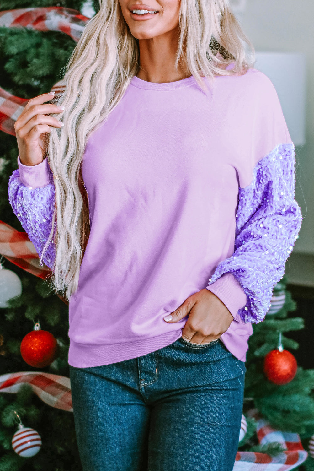 Orchid Petal Sequin Patchwork Long Sleeve Pullover Top