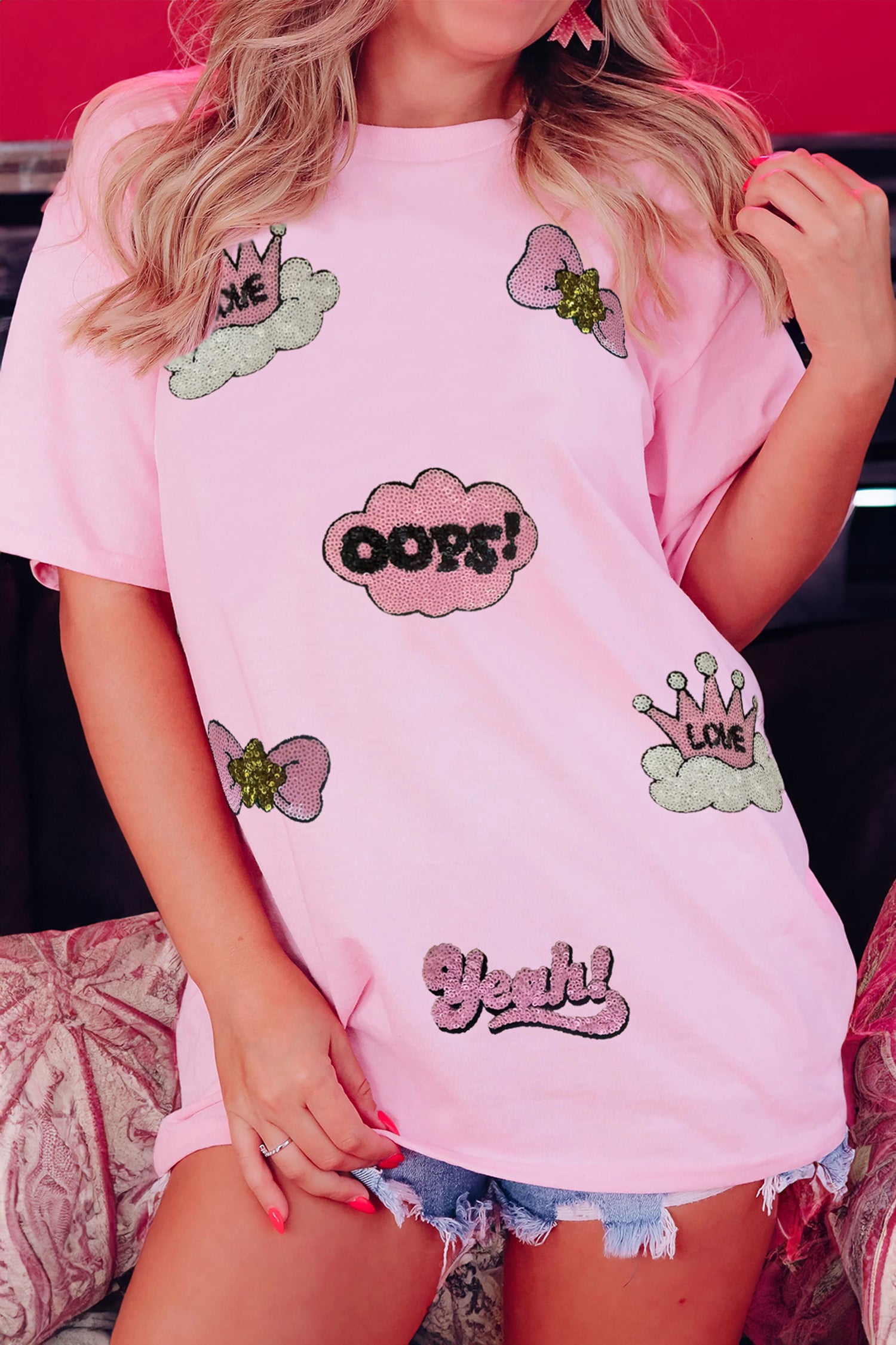 Pink Sequin Patched Valentines T Shirt