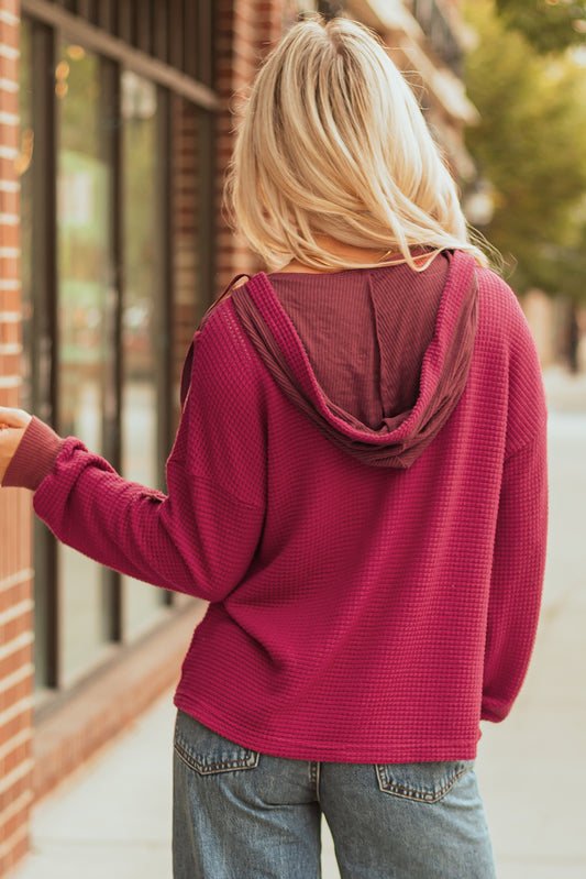 Racing Red Waffle Patchwork Drop Shoulder Hooded Long Sleeve Top