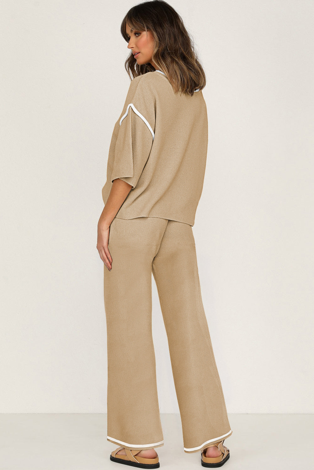 Camel Contrast Trim Half Sleeve Top Drawstring Pants Loose 2pcs Sweater Suit