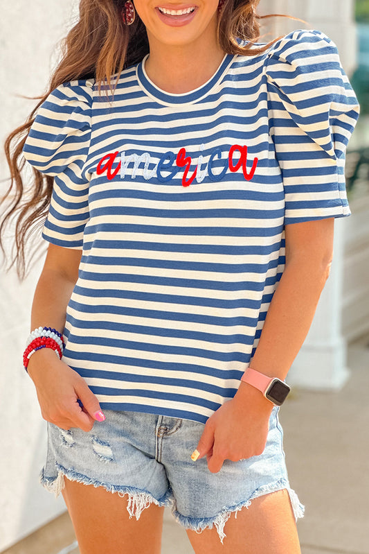 Blue Stripe America Cursive Graphic Puff Sleeve T-shirt